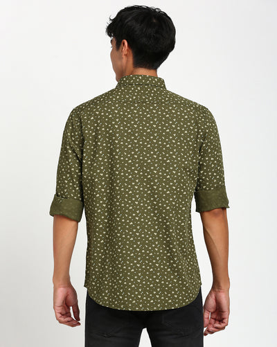 100% Cotton Olive Printed Slim Fit Full Sleeve Casual Shirt