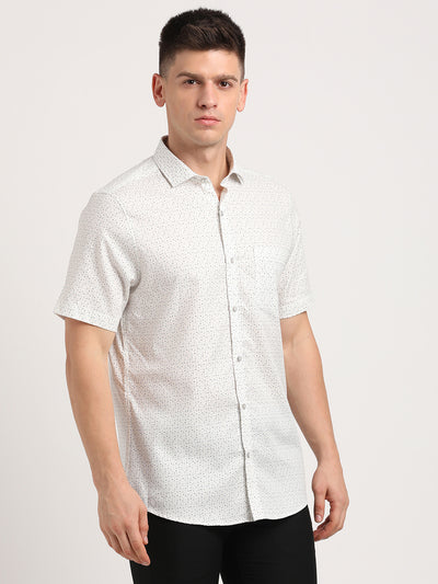 100% Cotton Cream Printed Slim Fit Half Sleeve Formal Shirt