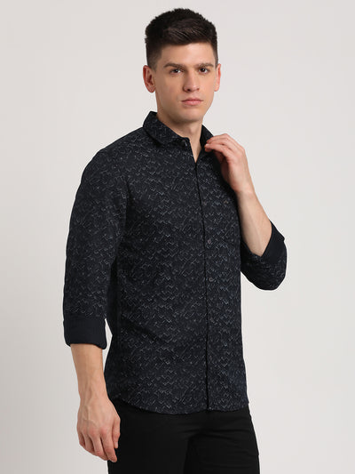 100% Cotton Black Printed Slim Fit Full Sleeve Casual Shirt