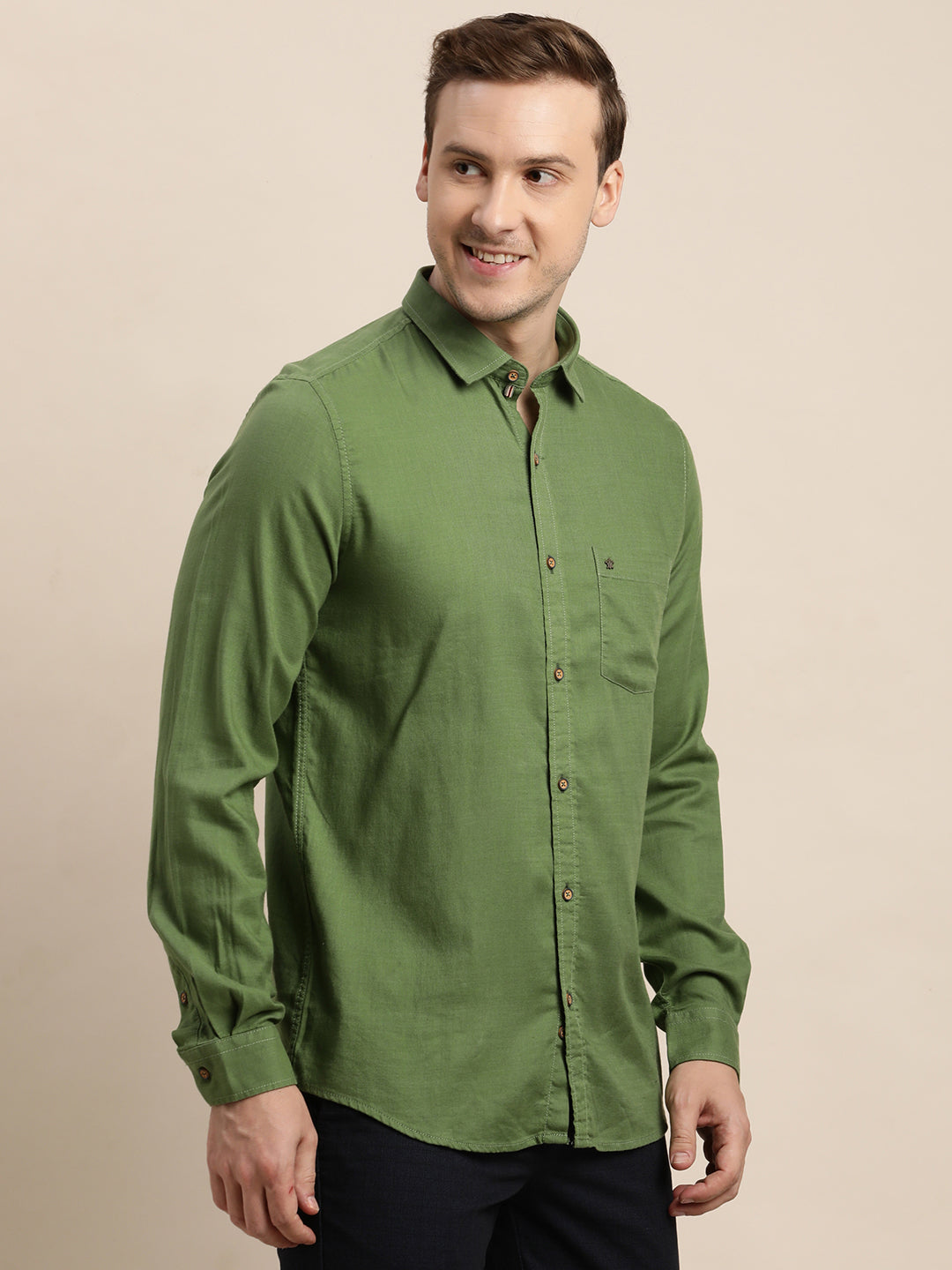 Cotton Lyocell Olive Plain Slim Fit Full Sleeve Casual Shirt