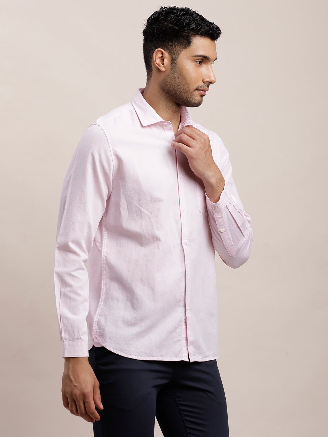 Cotton Linen Light Pink Plain Slim Fit Full Sleeve Casual Shirt