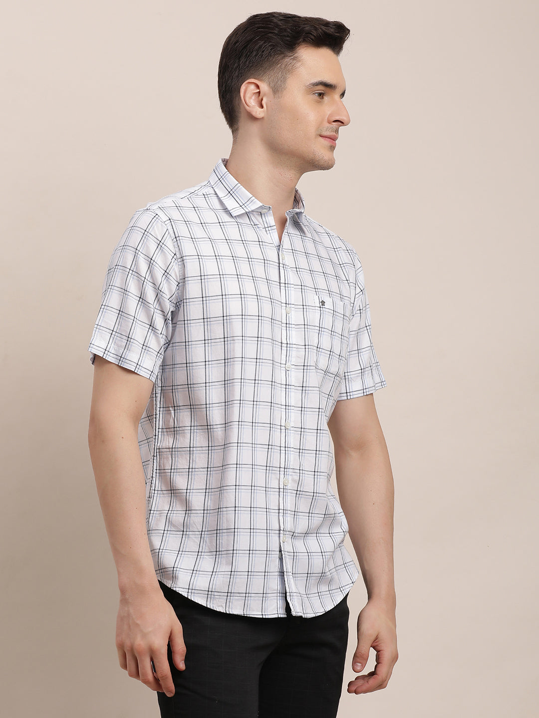 100% Cotton White Checkered Slim Fit Half Sleeve Casual Shirt