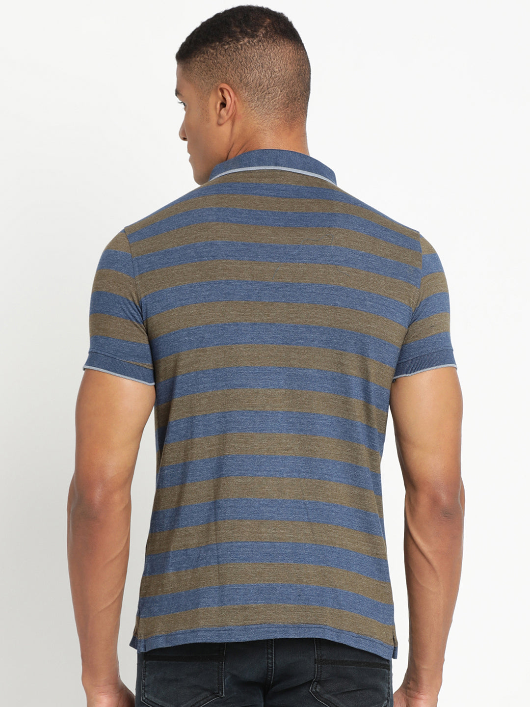 100% Cotton Indigo Navy Blue Striped Polo Neck Half Sleeve Casual T-Shirt