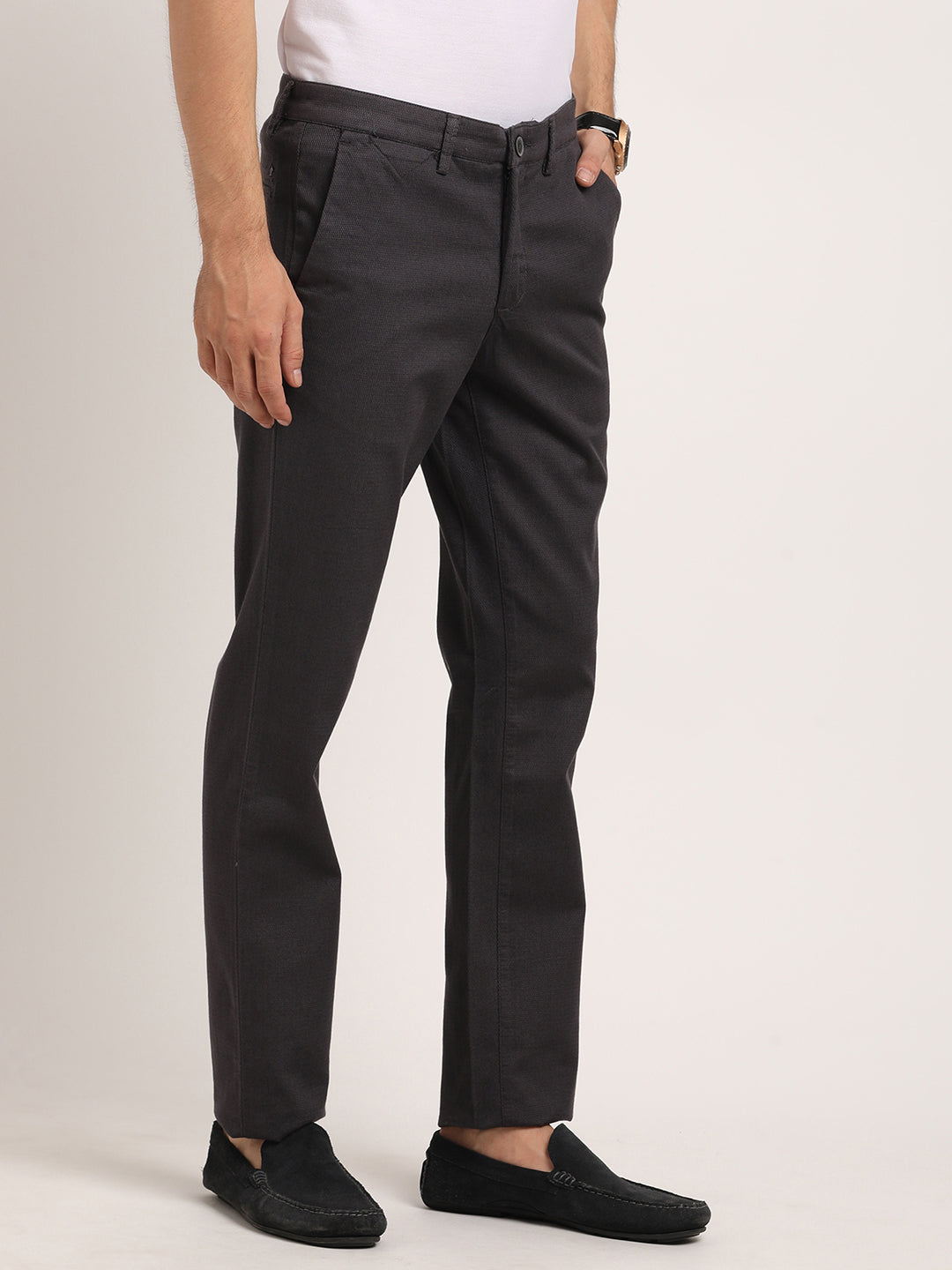 Cotton Stretch Brown Dobby Ultra Slim Fit Flat Front Casual Trouser