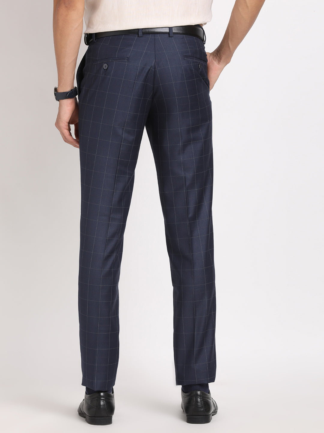 Terry Rayon Navy Blue Checkered Slim Fit Flat Front Formal Trouser