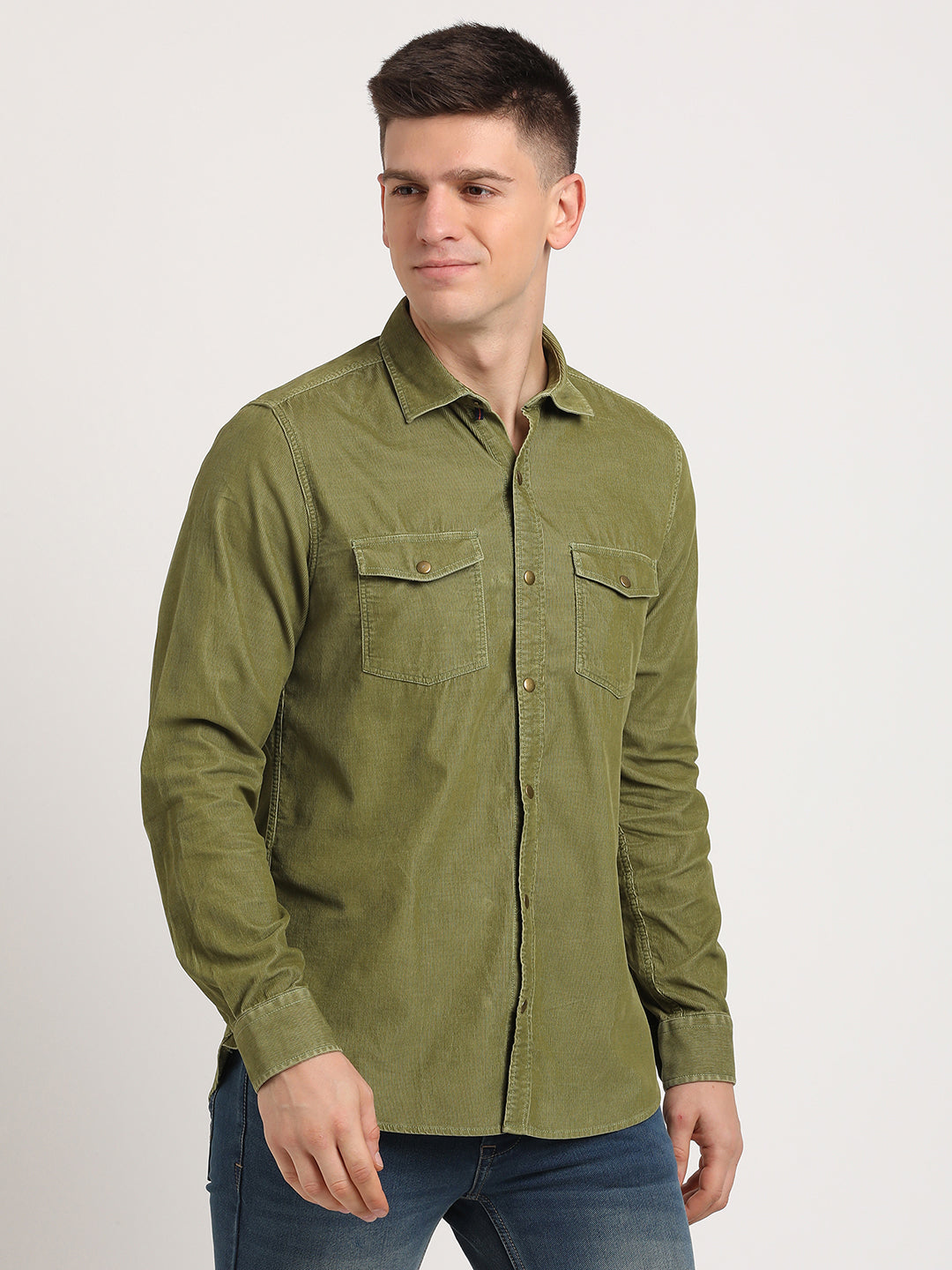 100% Cotton Olive Plain Slim Fit Full Sleeve Casual Shirt