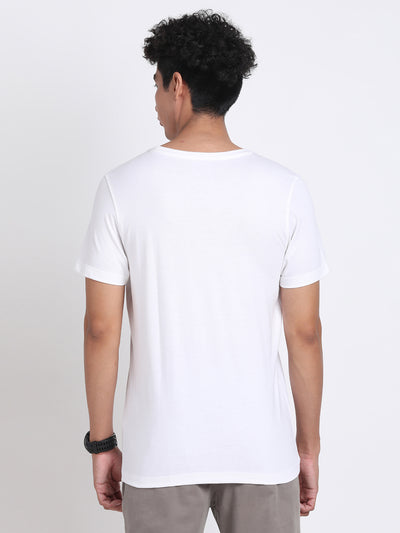 Essential 100% Cotton White Chest Printed Round Neck Half Sleeve Casual T-Shirt
