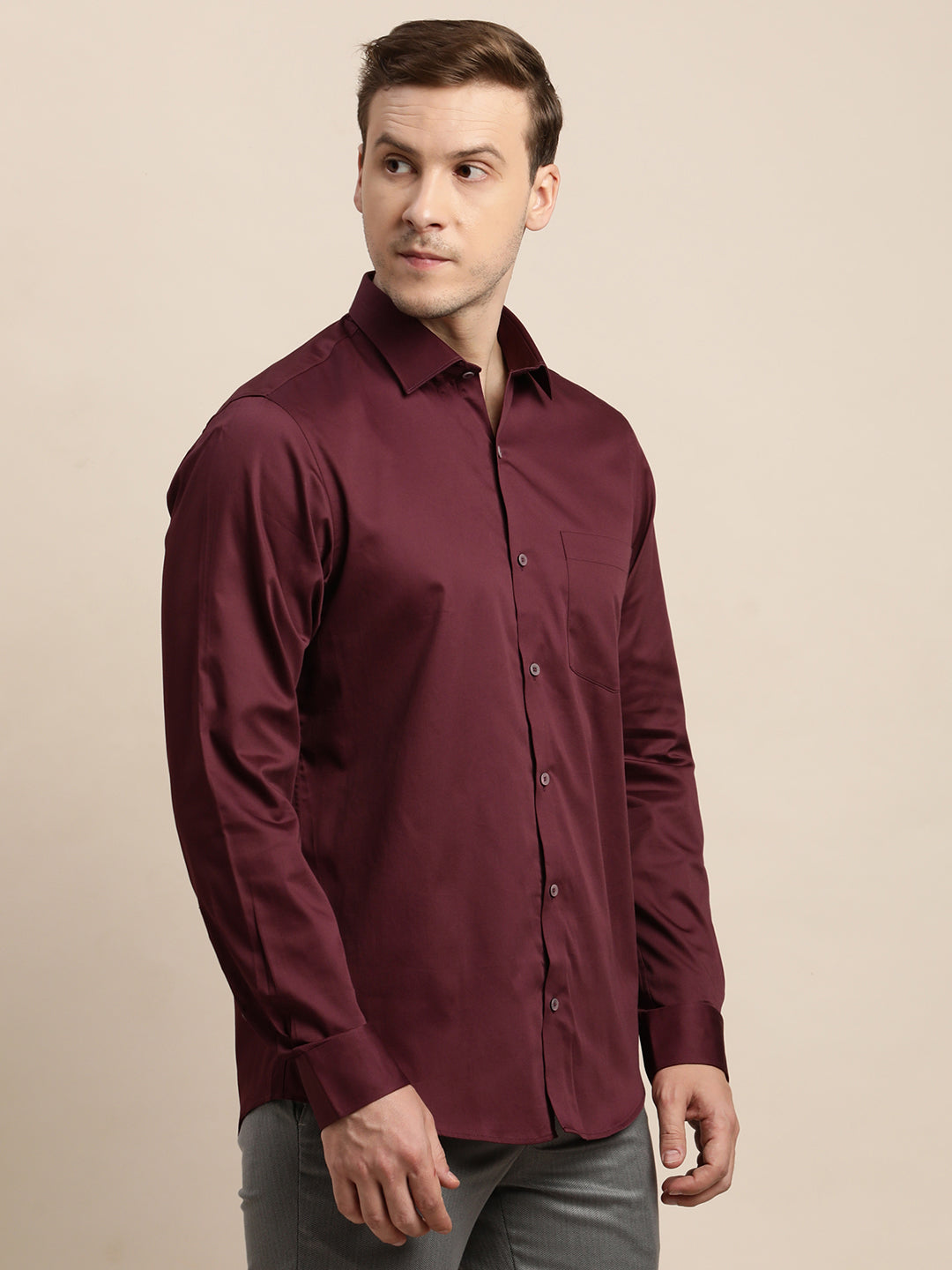 100% Cotton Maroon Plain Slim Fit Full Sleeve Formal Shirt