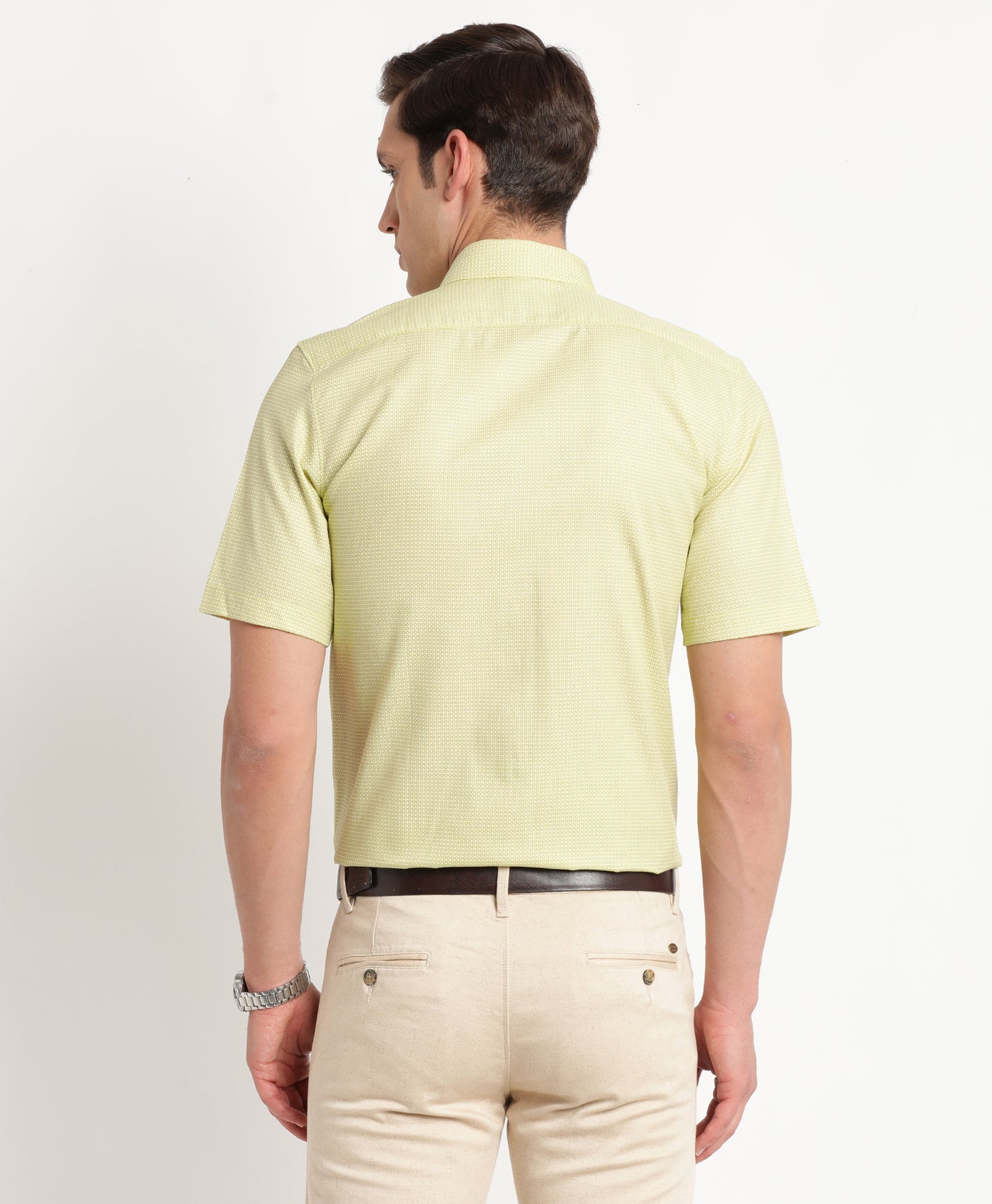 Cotton Tencel Green Printed Regular Fit Half Sleeve Formal Shirt
