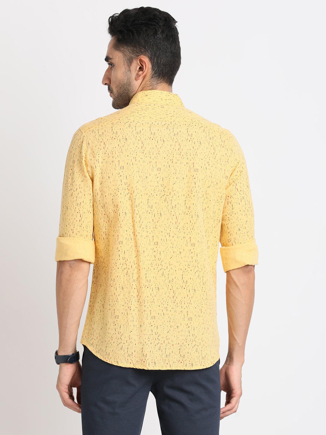 Cotton Linen Yellow Printed Slim Fit Full Sleeve Casual Shirt