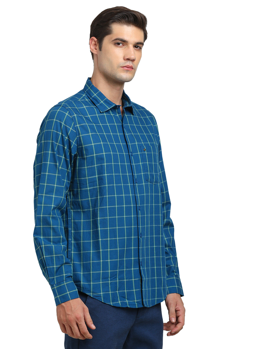 100% Cotton Teal Blue Checkered Slim Fit Full Sleeve Casual Shirt