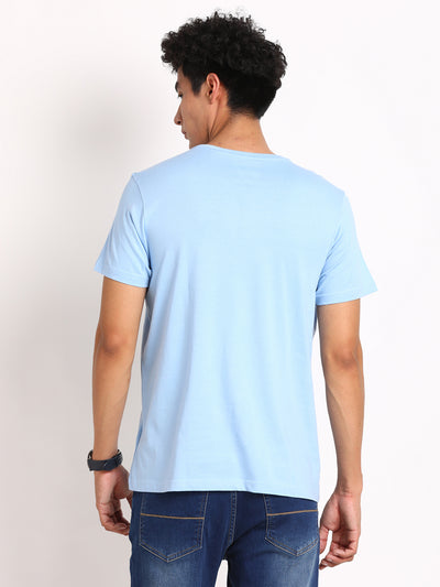 Essential 100% Cotton Sky Blue Chest Printed Round Neck Half Sleeve Casual T-Shirt