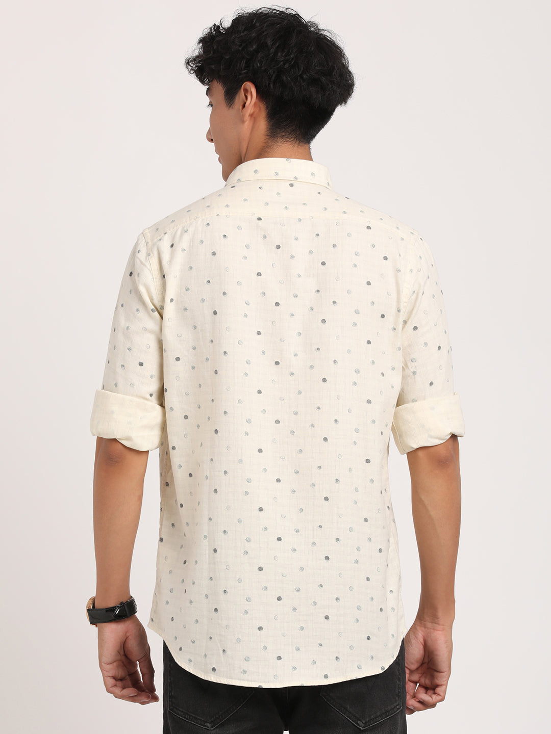 Cotton Melange Cream Printed Slim Fit Full Sleeve Casual Shirt