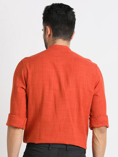 Cotton Lyocell Orange Plain Slim Fit Full Sleeve Casual Shirt