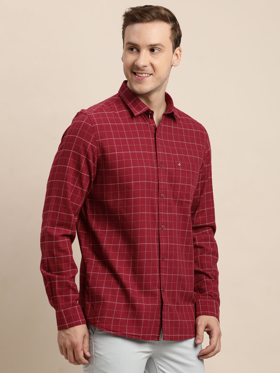 100% Cotton Maroon Checkered Slim Fit Full Sleeve Casual Shirt