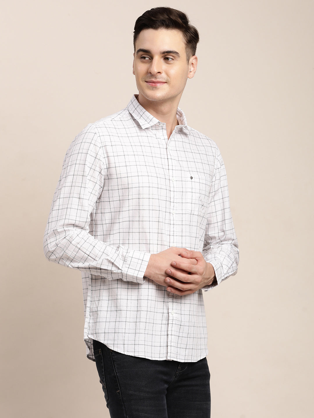 100% Cotton White Checkered Slim Fit Full Sleeve Casual Shirt