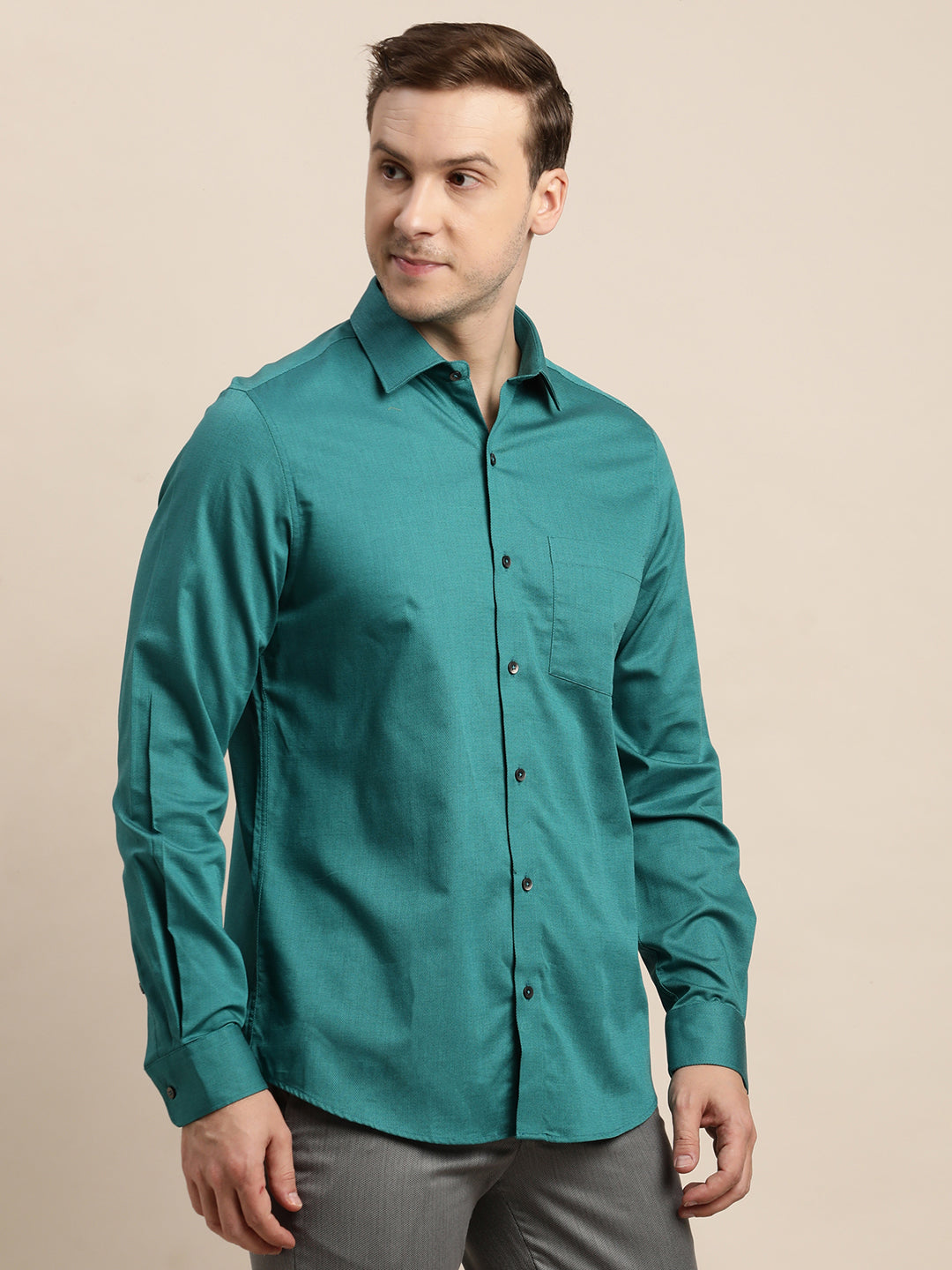 100% Cotton Green Dobby Slim Fit Full Sleeve Formal Shirt