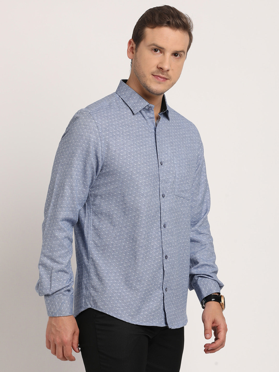 Cotton Melange Light Blue Printed Slim Fit Full Sleeve Formal Shirt