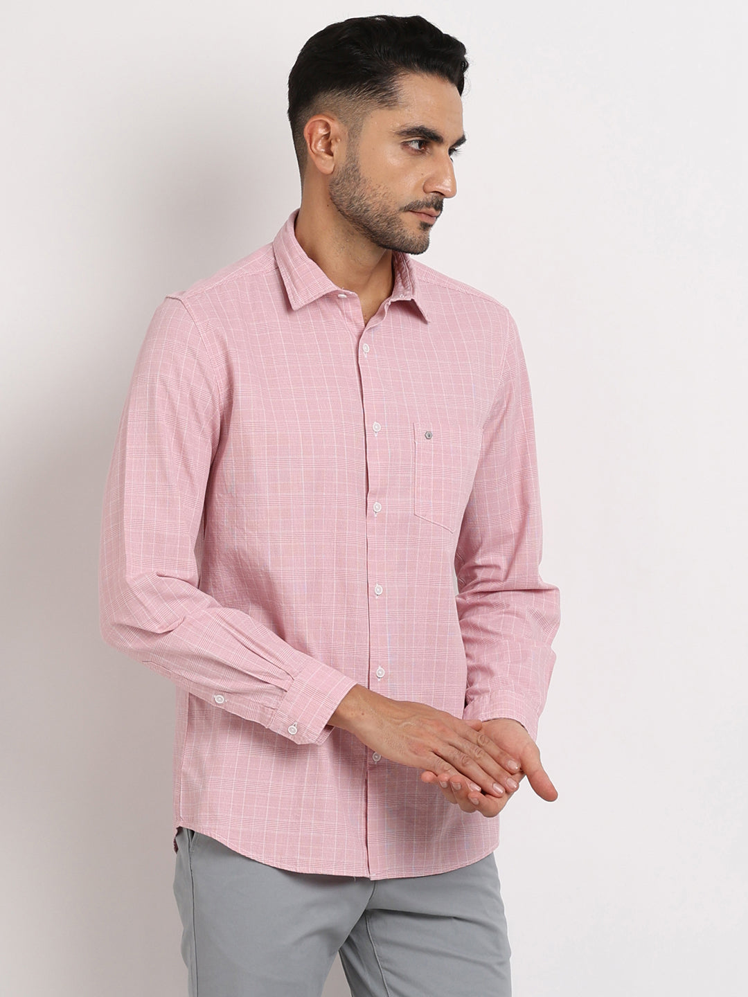 100% Cotton Pink Checkered Slim Fit Full Sleeve Casual Shirt