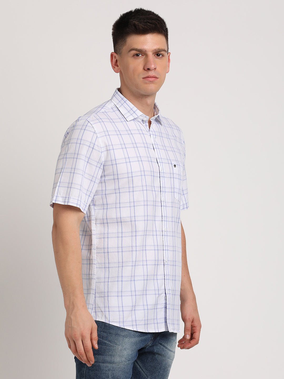 100% Cotton White Checkered Slim Fit Half Sleeve Casual Shirt