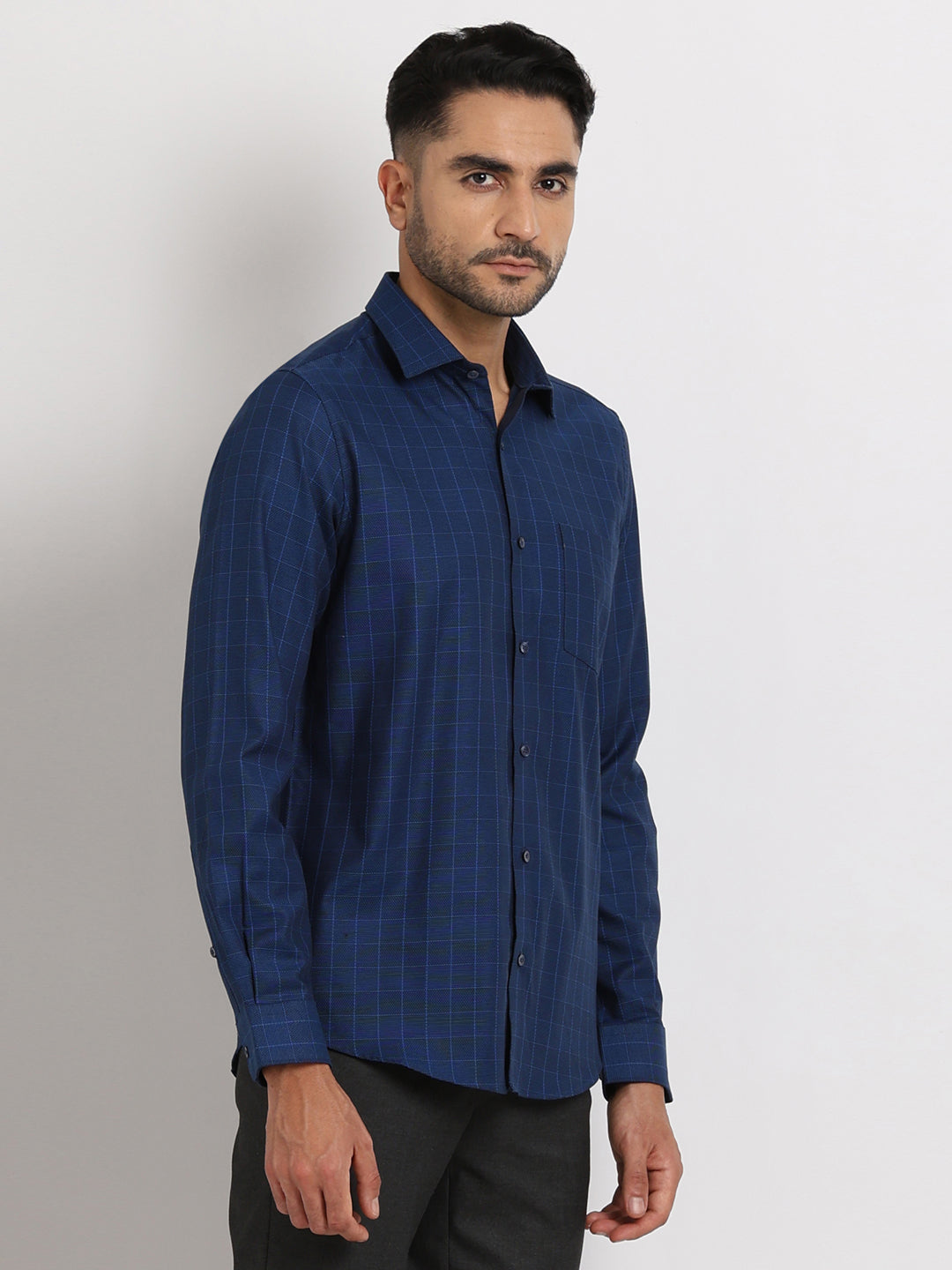 100% Cotton Navy Blue Checkered Slim Fit Full Sleeve Formal Shirt