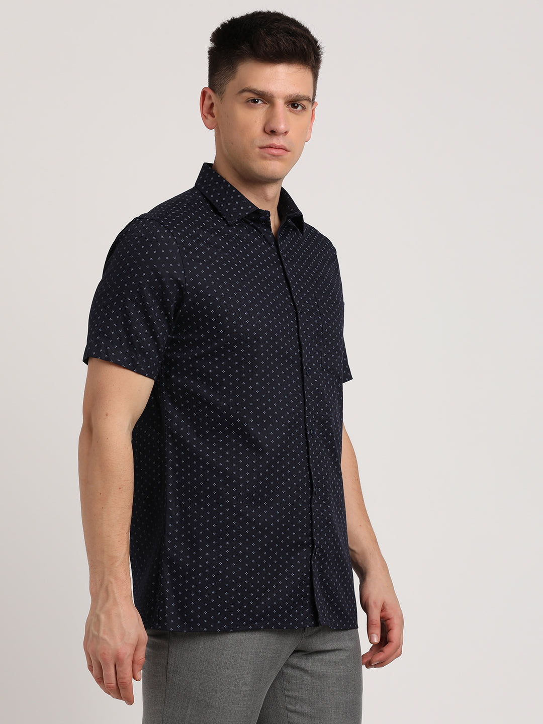 100% Cotton Navy Printed Regular Fit Half Sleeve Formal Shirt