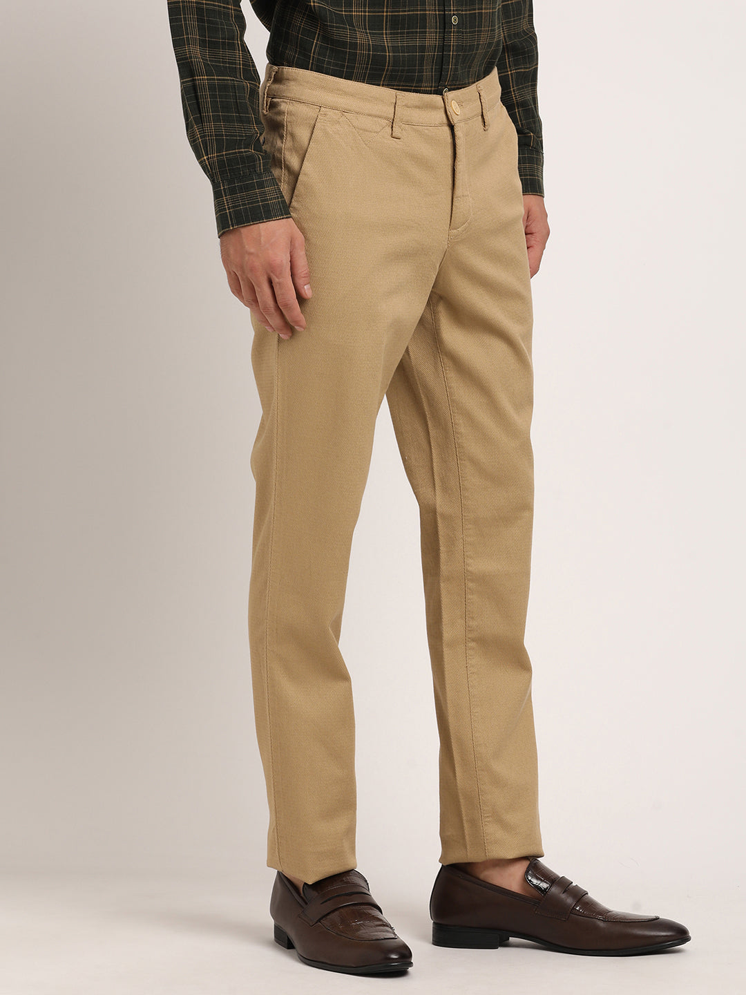 Cotton Stretch Beige Dobby Ultra Slim Fit Flat Front Casual Trouser