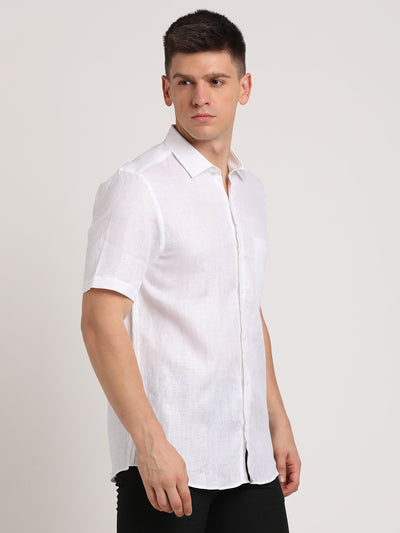 Pure Linen White Plain Regular Fit Half Sleeve Formal Shirt