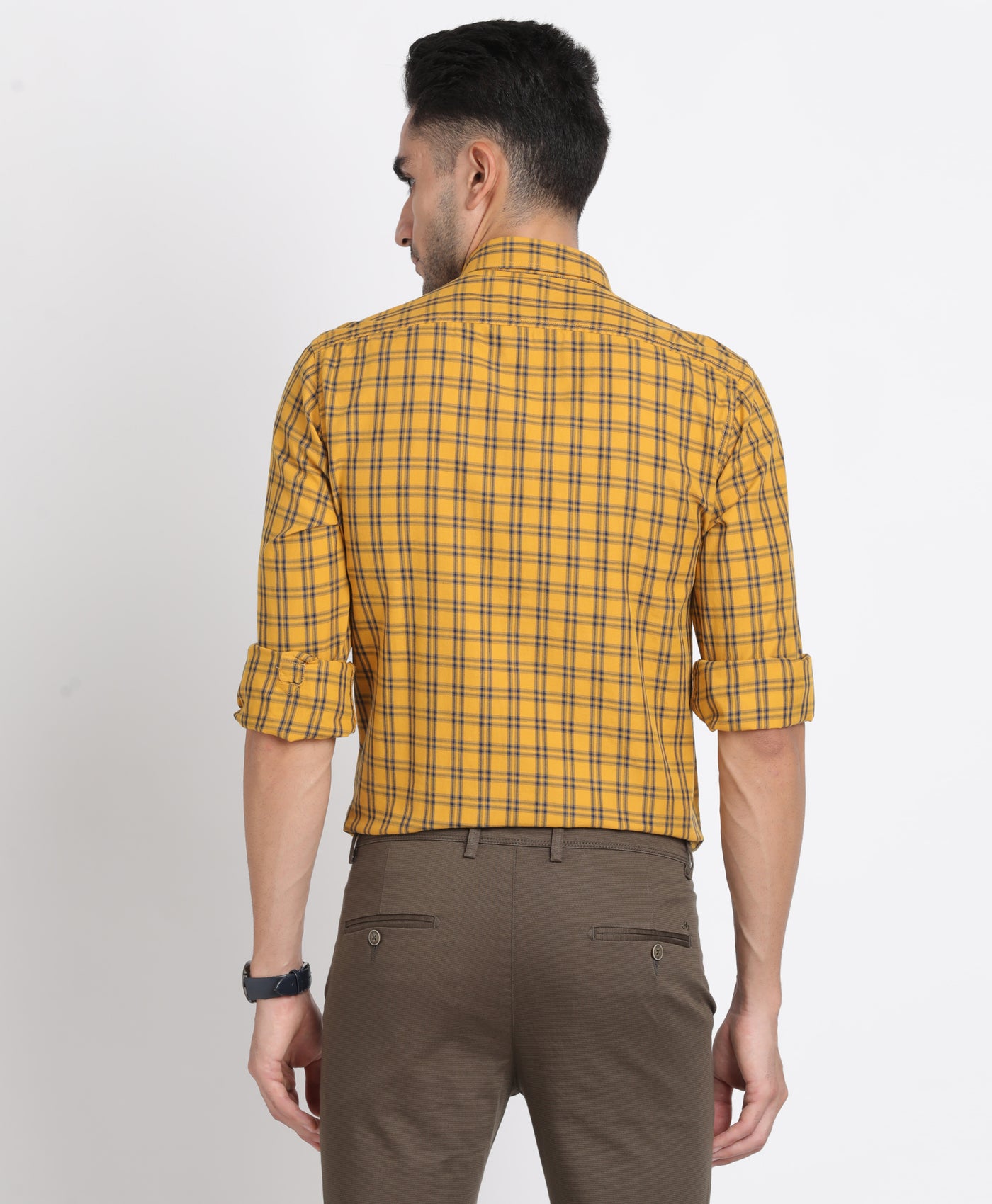 Cotton Lyocell Yellow Checkered Slim Fit Full Sleeve Casual Shirt