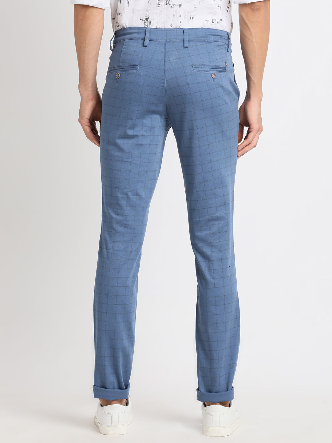 Cotton Stretch Blue Checkered Narrow Fit Flat Front Casual Trouser