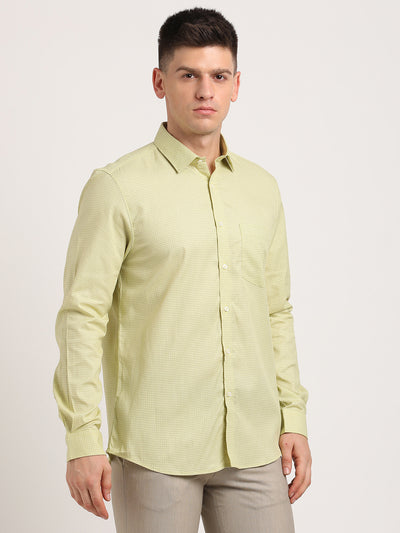 Cotton Tencel Pista Green Printed Slim Fit Full Sleeve Formal Shirt