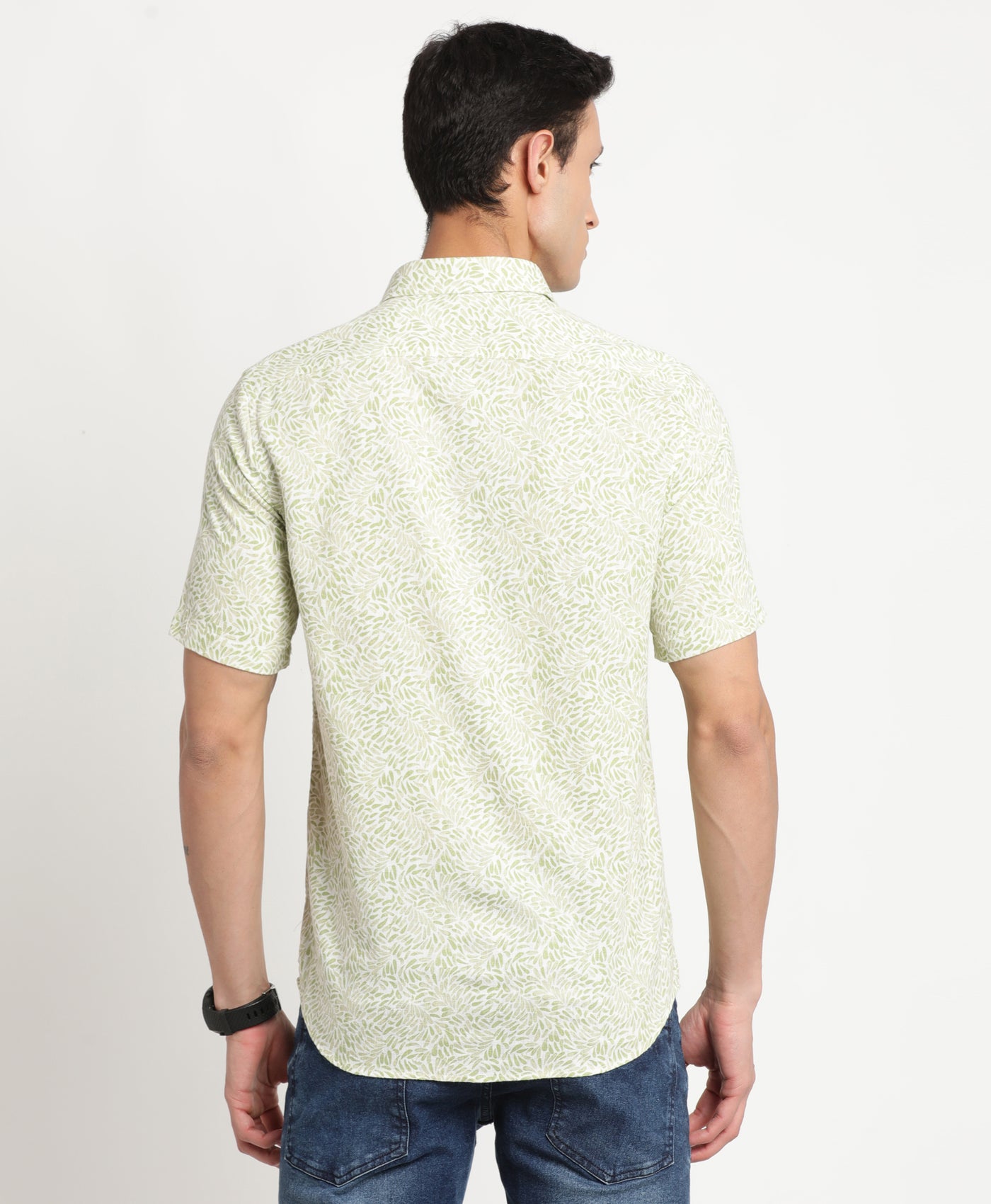 Excel Linen Light Green Printed Slim Fit Half Sleeve Casual Shirt