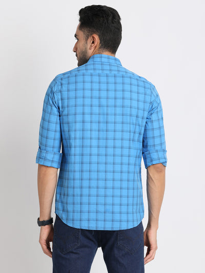 100% Cotton Sky Blue Checkered Slim Fit Full Sleeve Casual Shirt