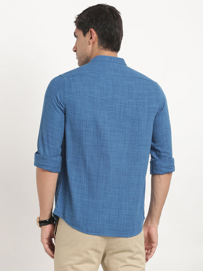 Cotton Lyocell Blue Plain Slim Fit Mandarin Collar Casual Shirt