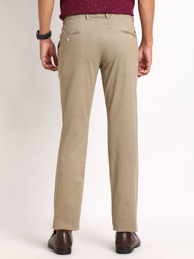 Cotton Stretch Beige Dobby Ultra Slim Fit Flat Front Casual Trouser