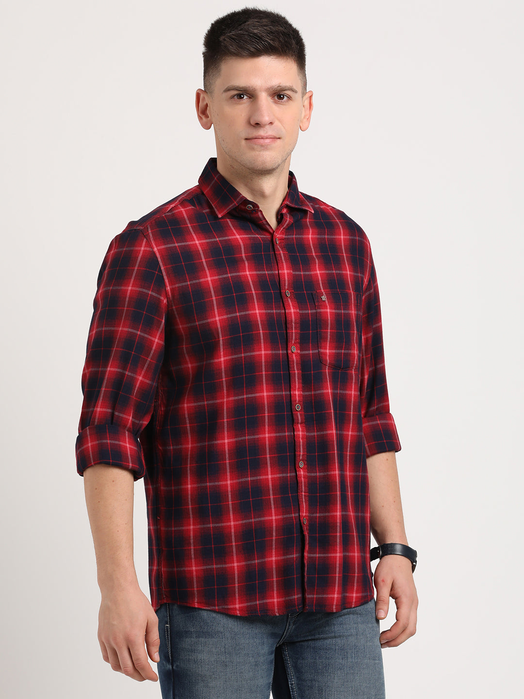 100% Cotton Dark Blue Checkered Slim Fit Full Sleeve Casual Shirt