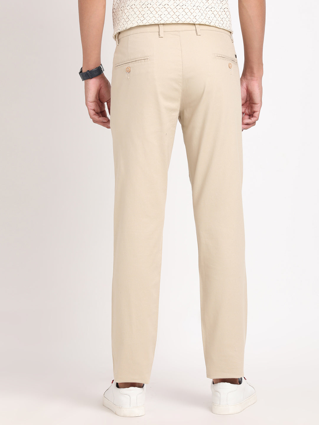 Cotton Stretch Beige Dobby Ultra Slim Fit Flat Front Casual Trouser