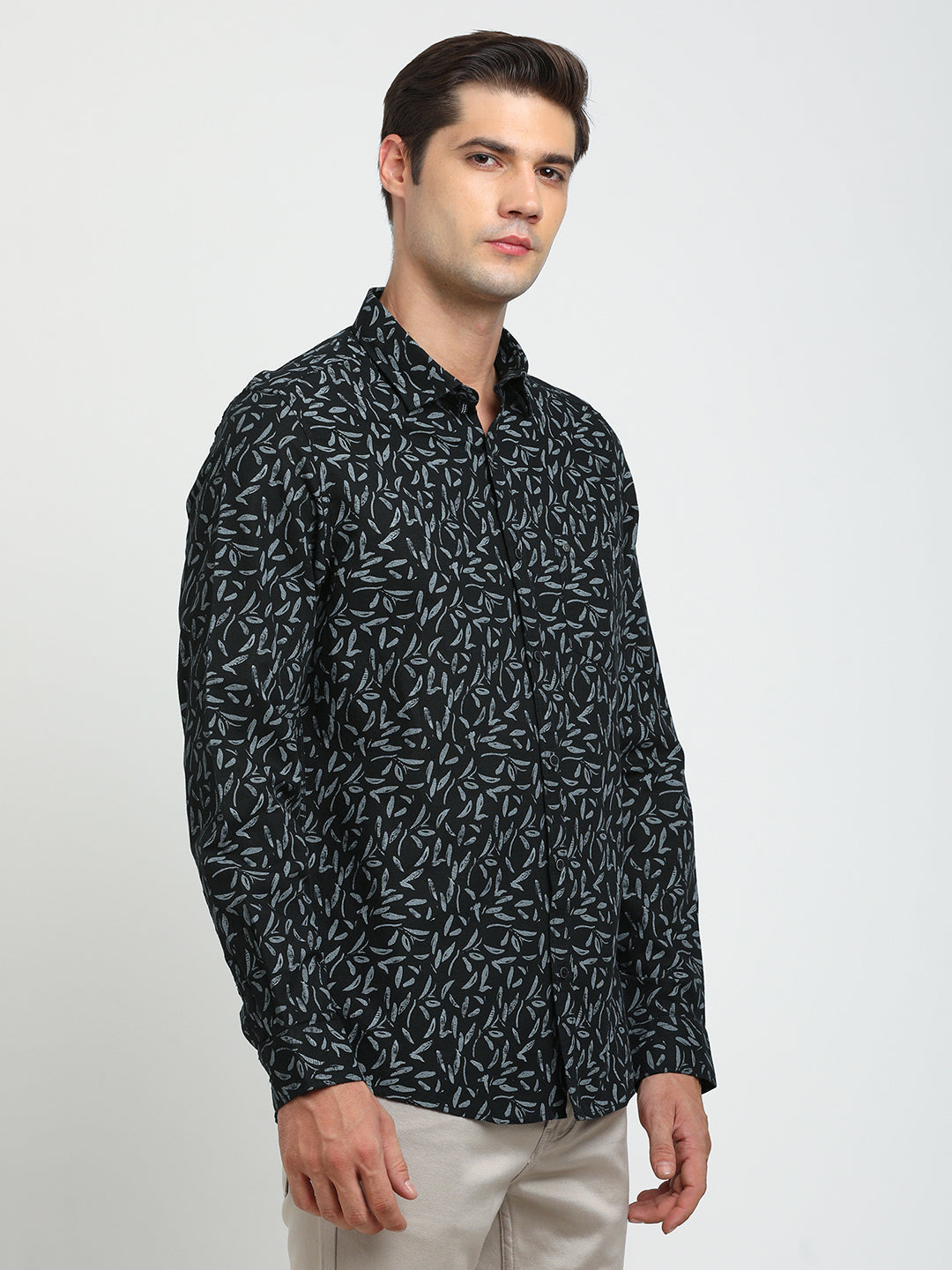 Cotton Linen Black Printed Slim Fit Full Sleeve Casual Shirt