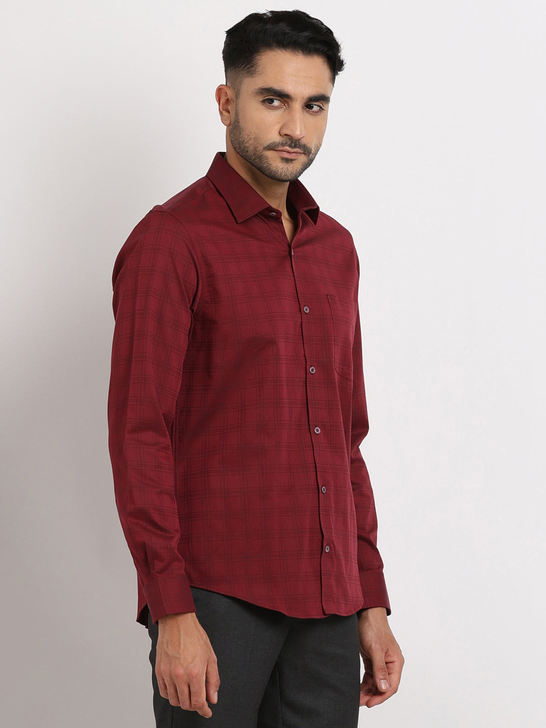 100% Cotton Maroon Checkered Slim Fit Full Sleeve Formal Shirt