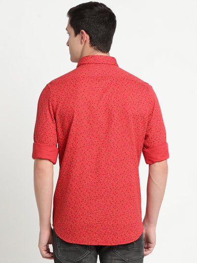 100% Cotton Red Printed Slim Fit Full Sleeve Casual Shirt