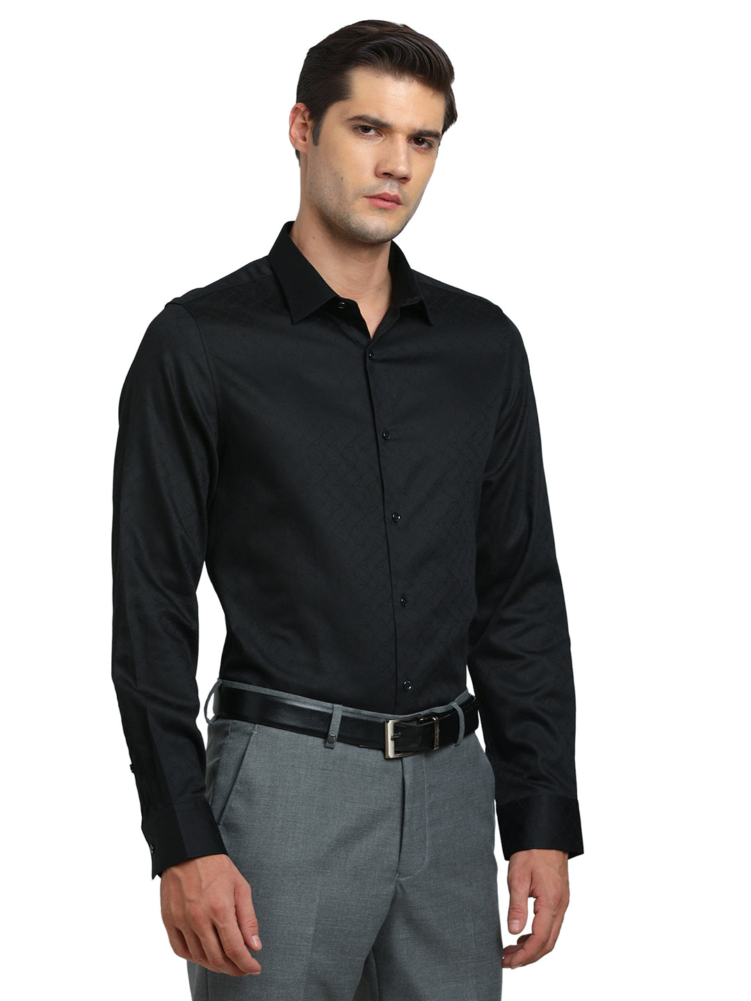 100% Cotton Black Jacquard Slim Fit Full Sleeve Ceremonial Shirt