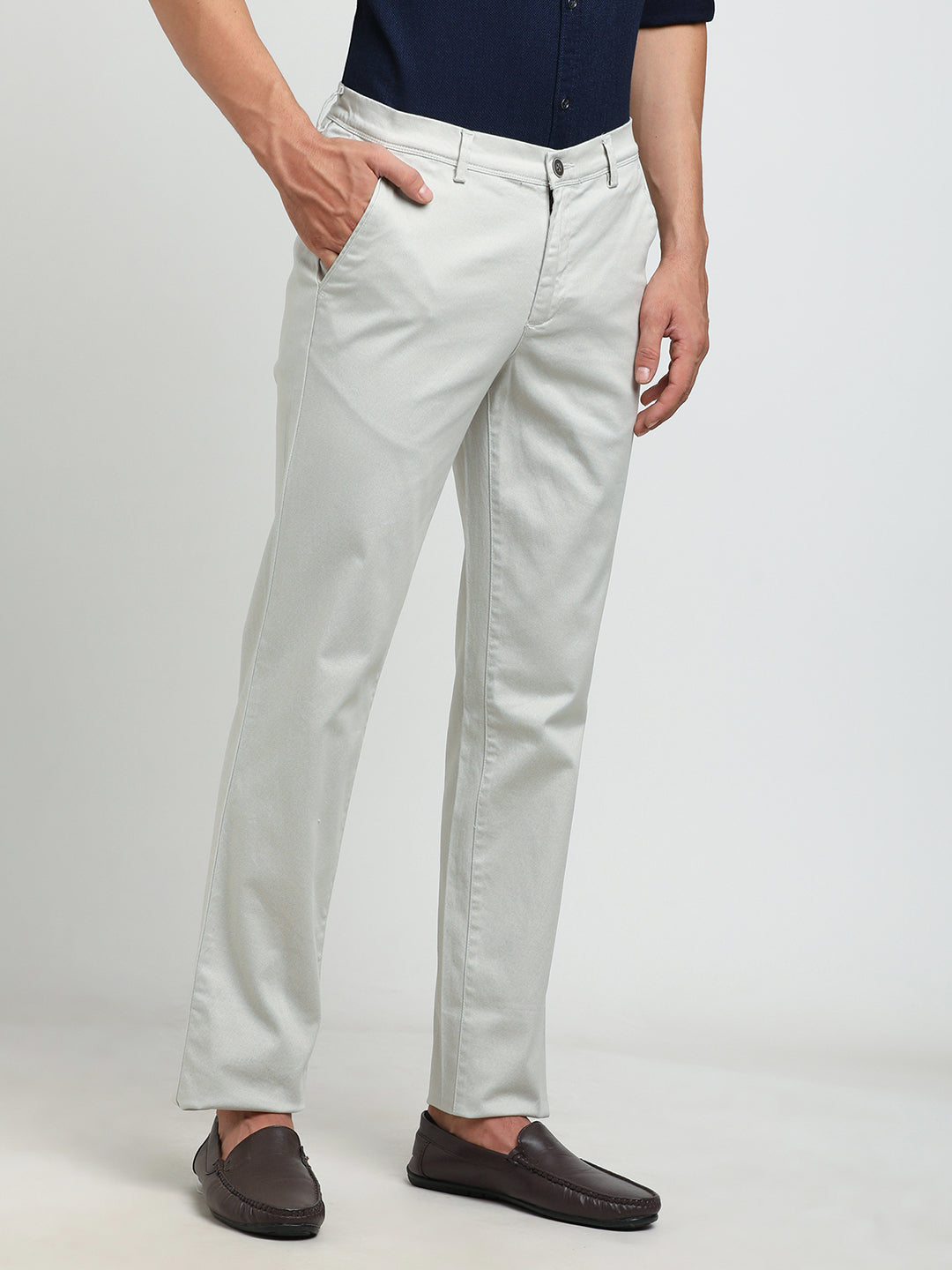 Cotton Stretch Off White Printed Ultra Slim Fit Flat Front Casual Trouser