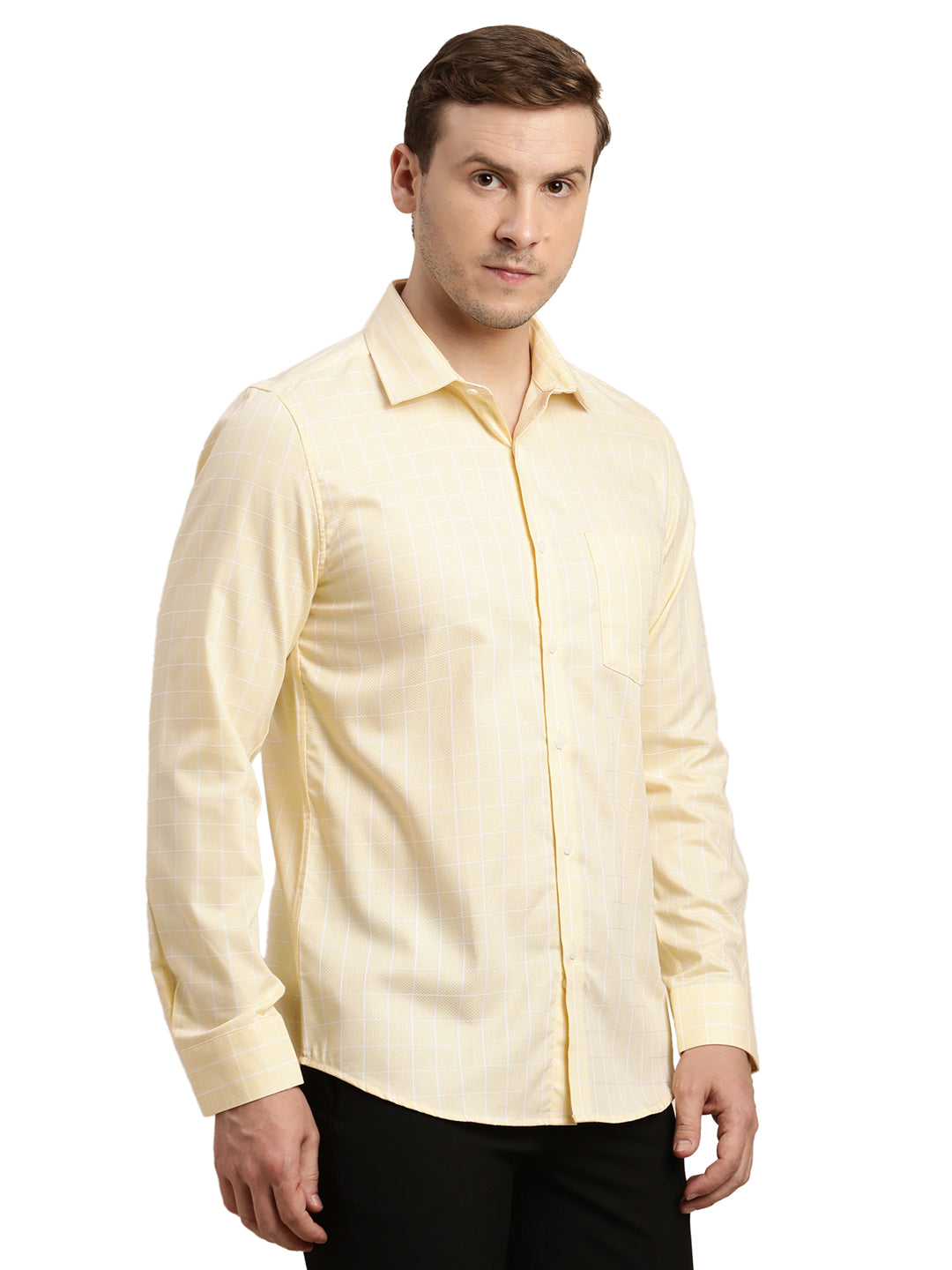 100% Cotton Cream Checkered Slim Fit Full Sleeve Formal Shirt