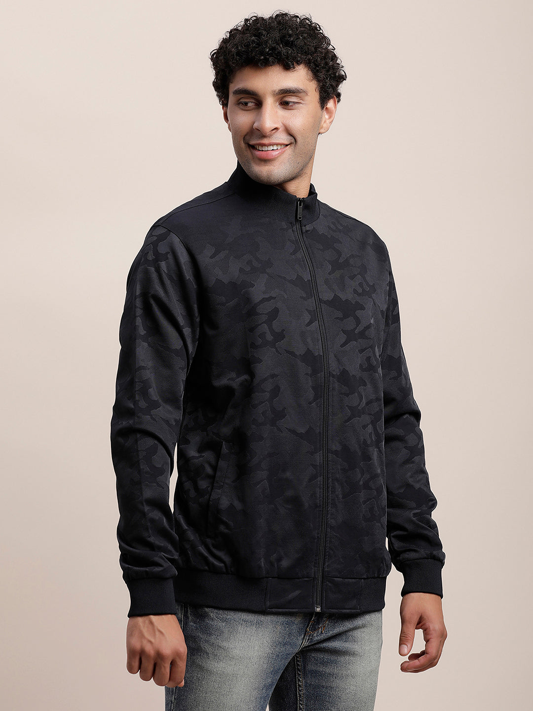 Knitted Black Printed Regular Fit Full Sleeve Casual Windcheater