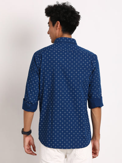 100% Cotton Blue Printed Slim Fit Full Sleeve Casual Shirt