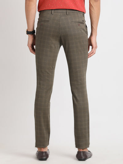 Cotton Stretch Brown Checkered Narrow Fit Flat Front Casual Trouser