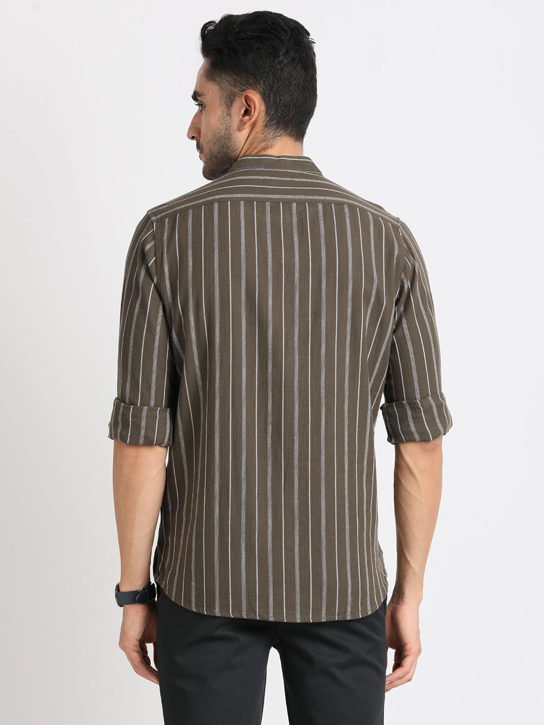 100% Cotton Brown Striped Kurta Full Sleeve Casual Shirt