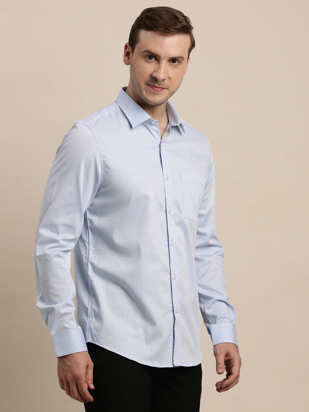 100% Cotton Blue Checkered Slim Fit Full Sleeve Formal Shirt