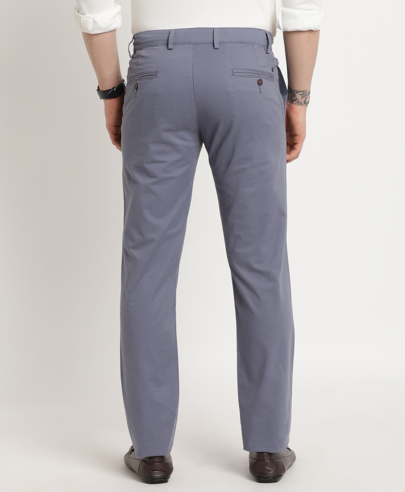 Cotton Stretch Steel Grey Plain Ultra Slim Fit Flat Front Casual Trouser