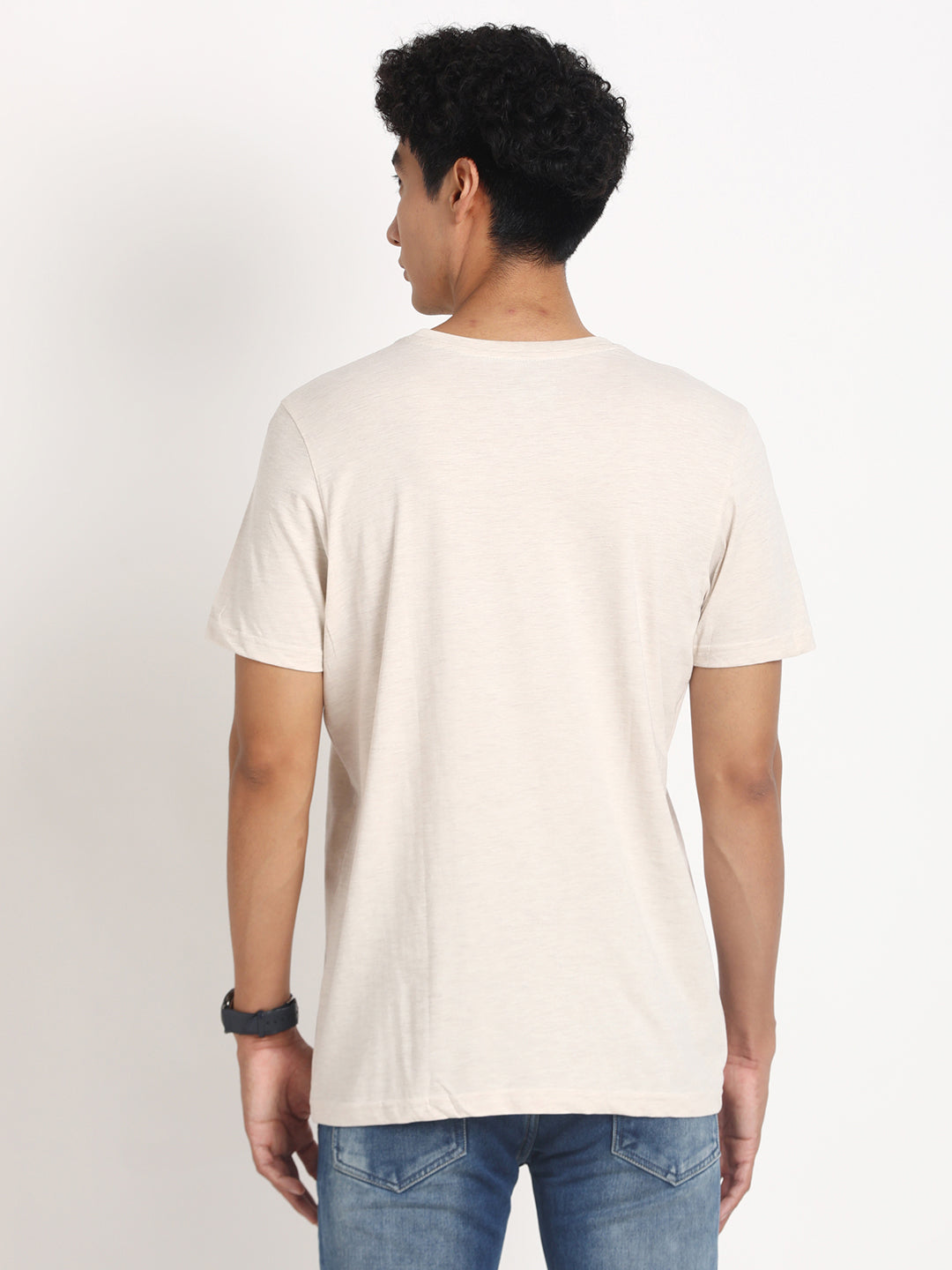 Essential 100% Cotton Cream Chest Printed Round Neck Half Sleeve Casual T-Shirt